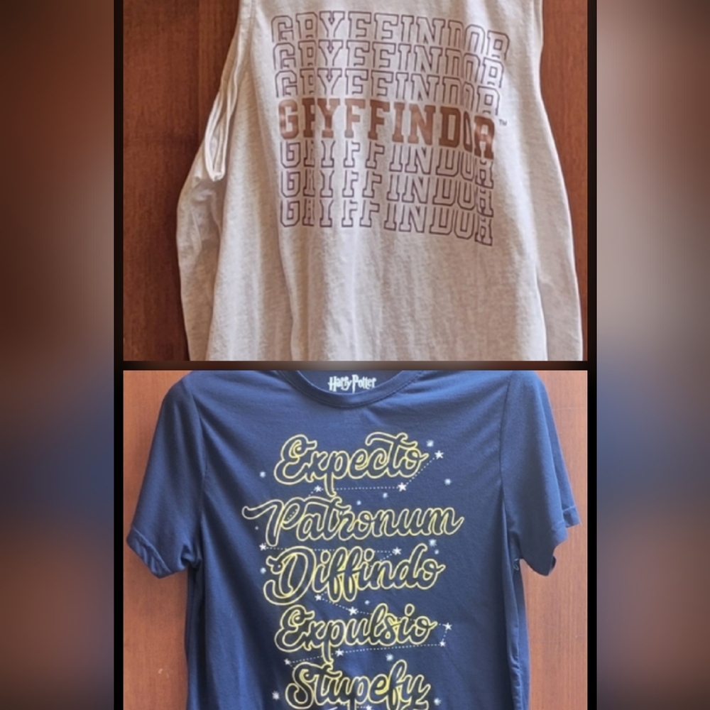 Two Harry Potter Shirts: Large Gryffindor Tank, Youth XXL Blue Expecto Shirt